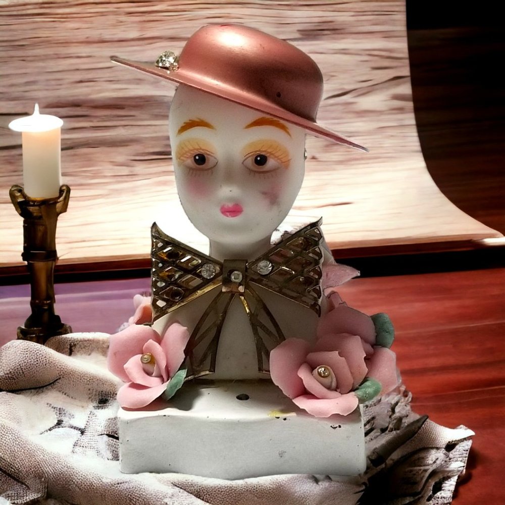 Art Deco Mini Girl Pierrot Jester Rare Head/Bust Figurine Bisque Mime Clown